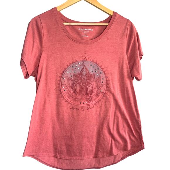 Lucky Brand Pink Mandala Graphic Tee L Rhinestone Boho Casual Top - Picture 1 of 4